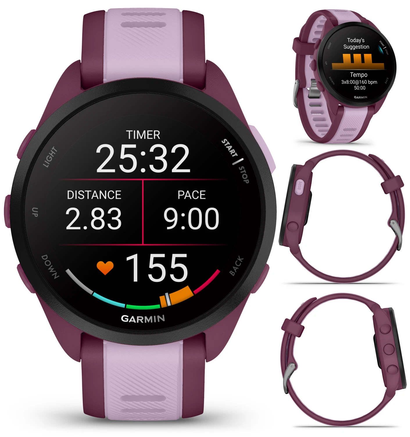 Garmin Forerunner 165 Music Running Smartwatch, Colorful AMOLED Touchscreen, Berry/Lilac w/ Wearable4U PowerPack & Adapters Bundle