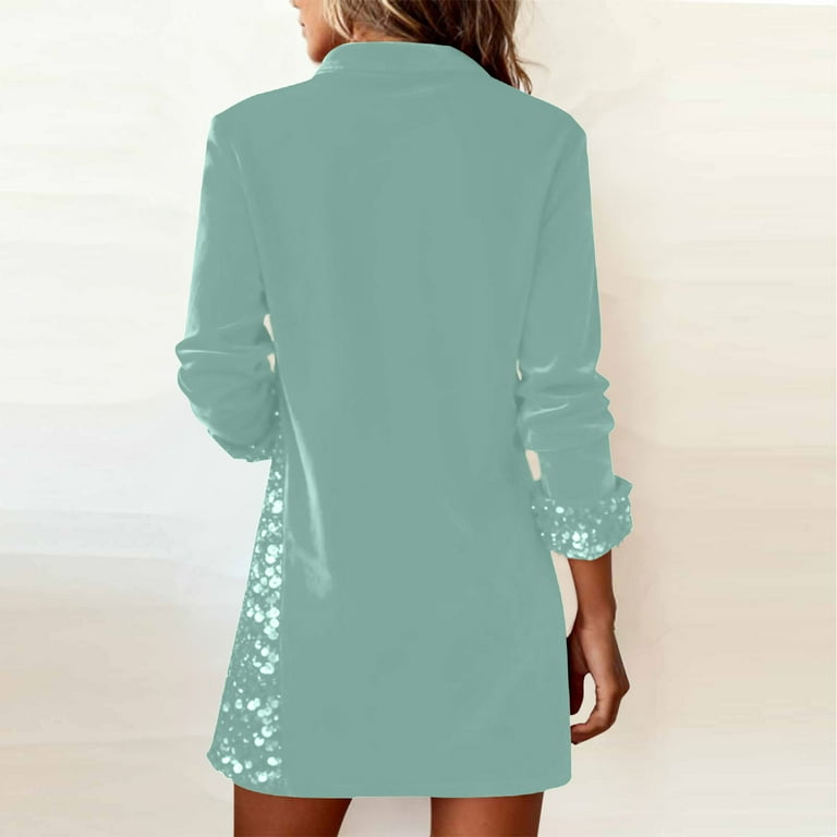 Vekdone Velvet Dress for Women Casual Long Sleeve Button V-Neck Dresses with Side Sequin Holiday Party Mini Dress Solid Color Lapel Cocktail Dress