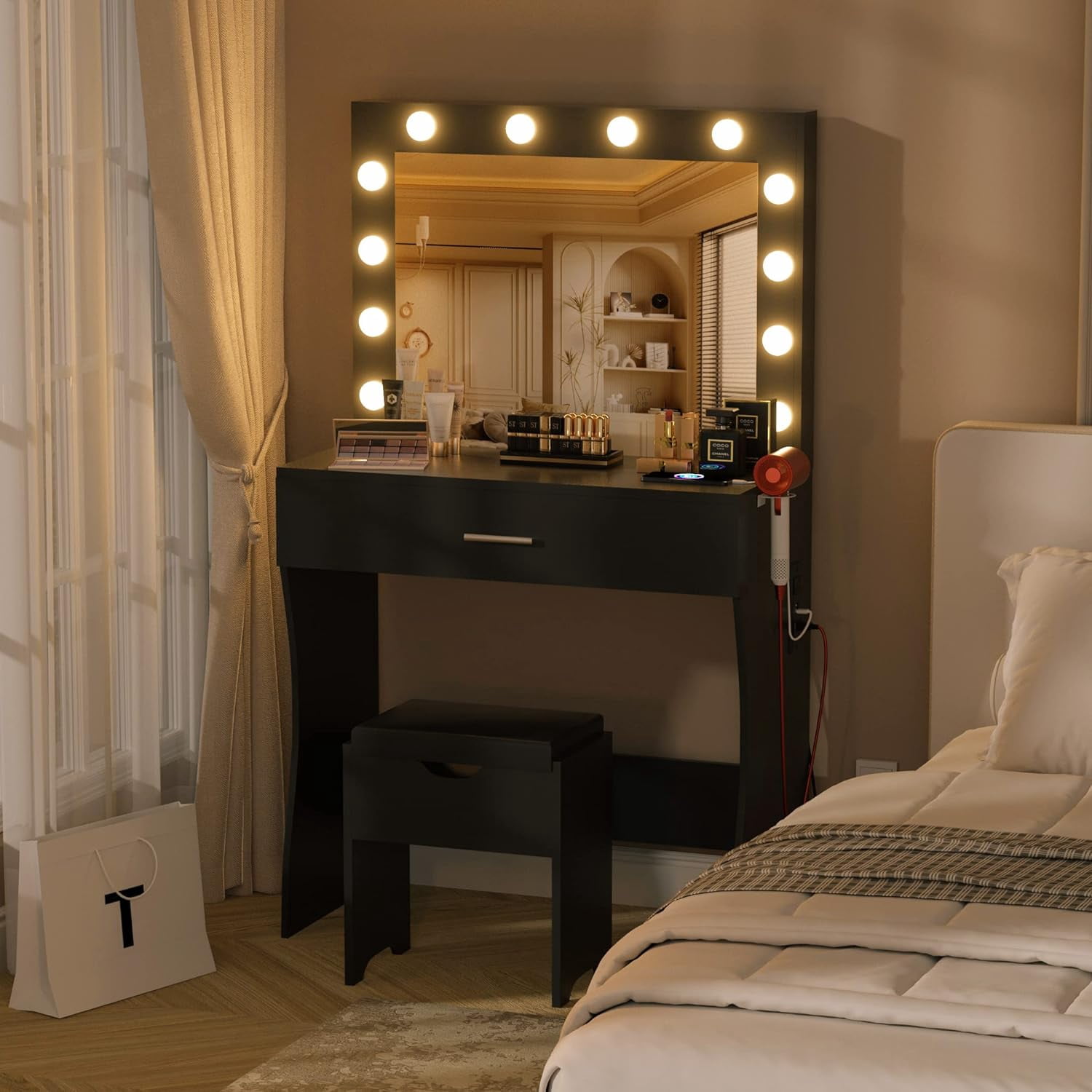 VEANERWOOD Vanity Set with 3 Color Lighted Mirror Makeup Table 55" with Charging Station Large Drawer, Black