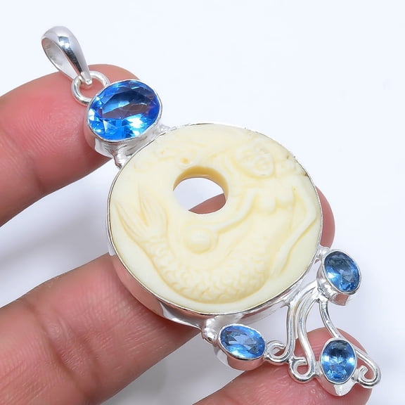 Mermaid Clay & Blue Topaz 925 Sterling Silver Pendant 3.12" S2696, Christmas Gift, Gemstone Silver Jewelry, Clay Pendant, New Year Sale