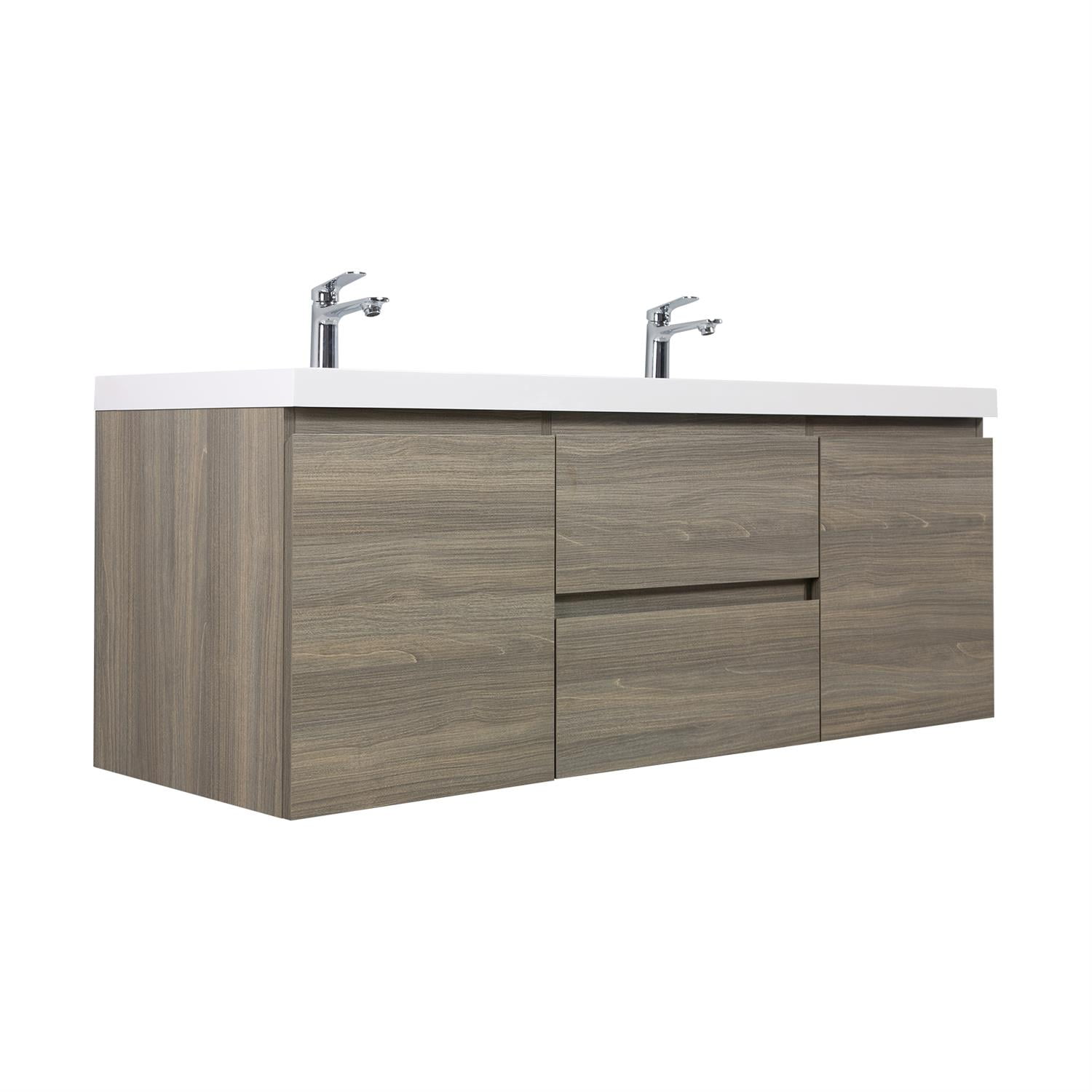 Demi Bonn 60" Floating Bathroom Vanity with Sink, Double Resin Top Basin and 2 Soft Close Drawers, 2 Storage Cabinet, Faucets and Drains Not Included, Gray