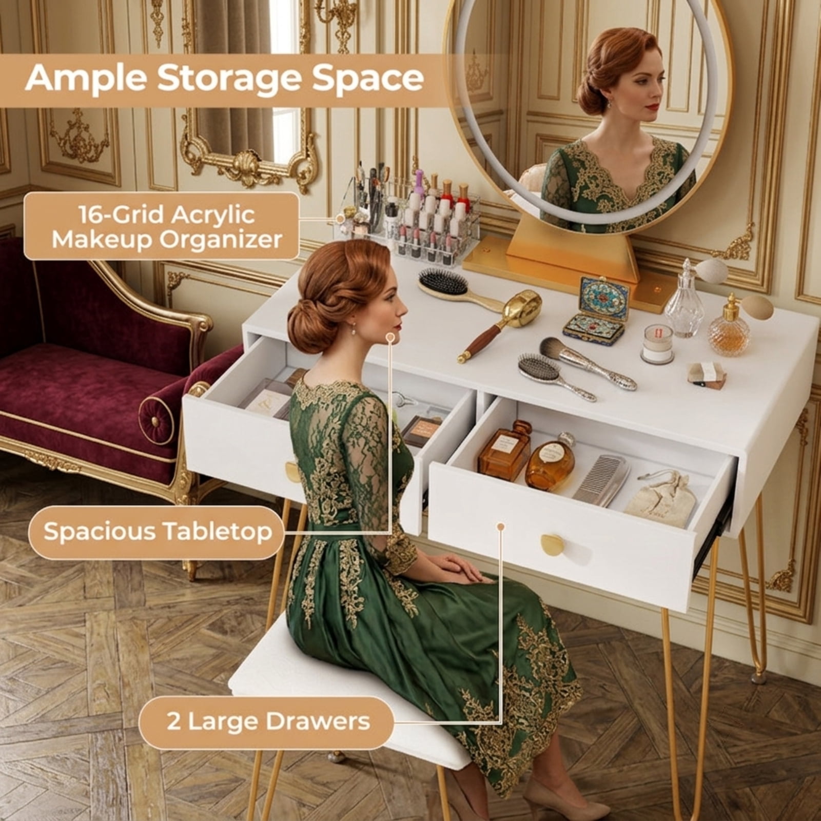 Furnibear Industrial Makeup Dressing Table with 3 Lighting Modes for Bedroom Makeup Dressing Room Vanity Desk Mirror Set, White