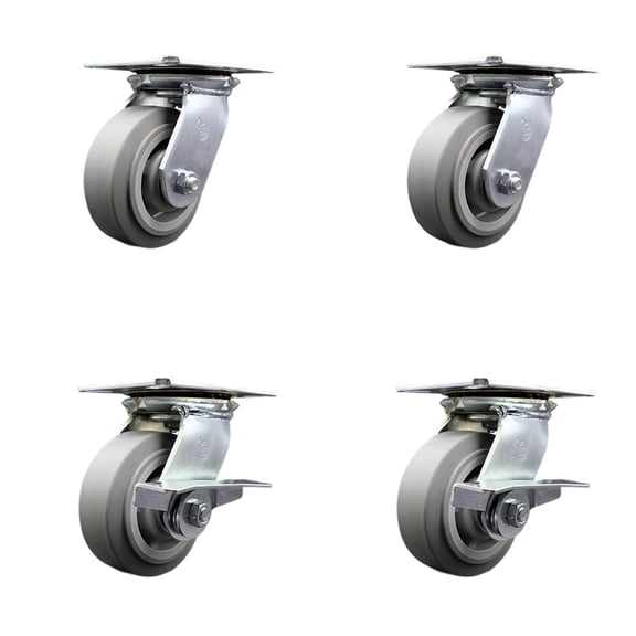 5 Inch Thermoplastic Rubber Swivel Caster Set with Ball Bearings 2 Brakes SCC