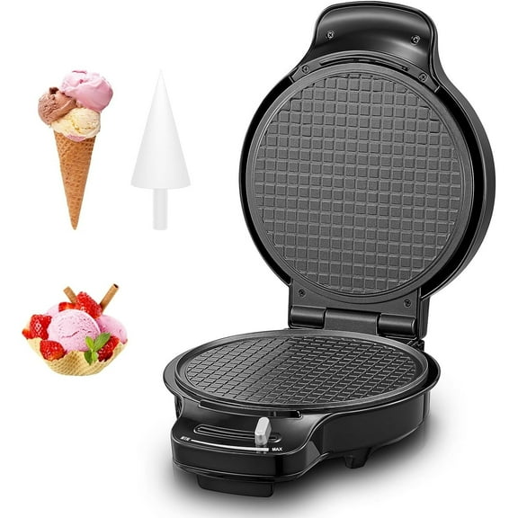 FOHERE Waffle Cone Maker Machine and Ice Cream Bowl Maker 7.5", Browning Control and Cone Roller, Black, New