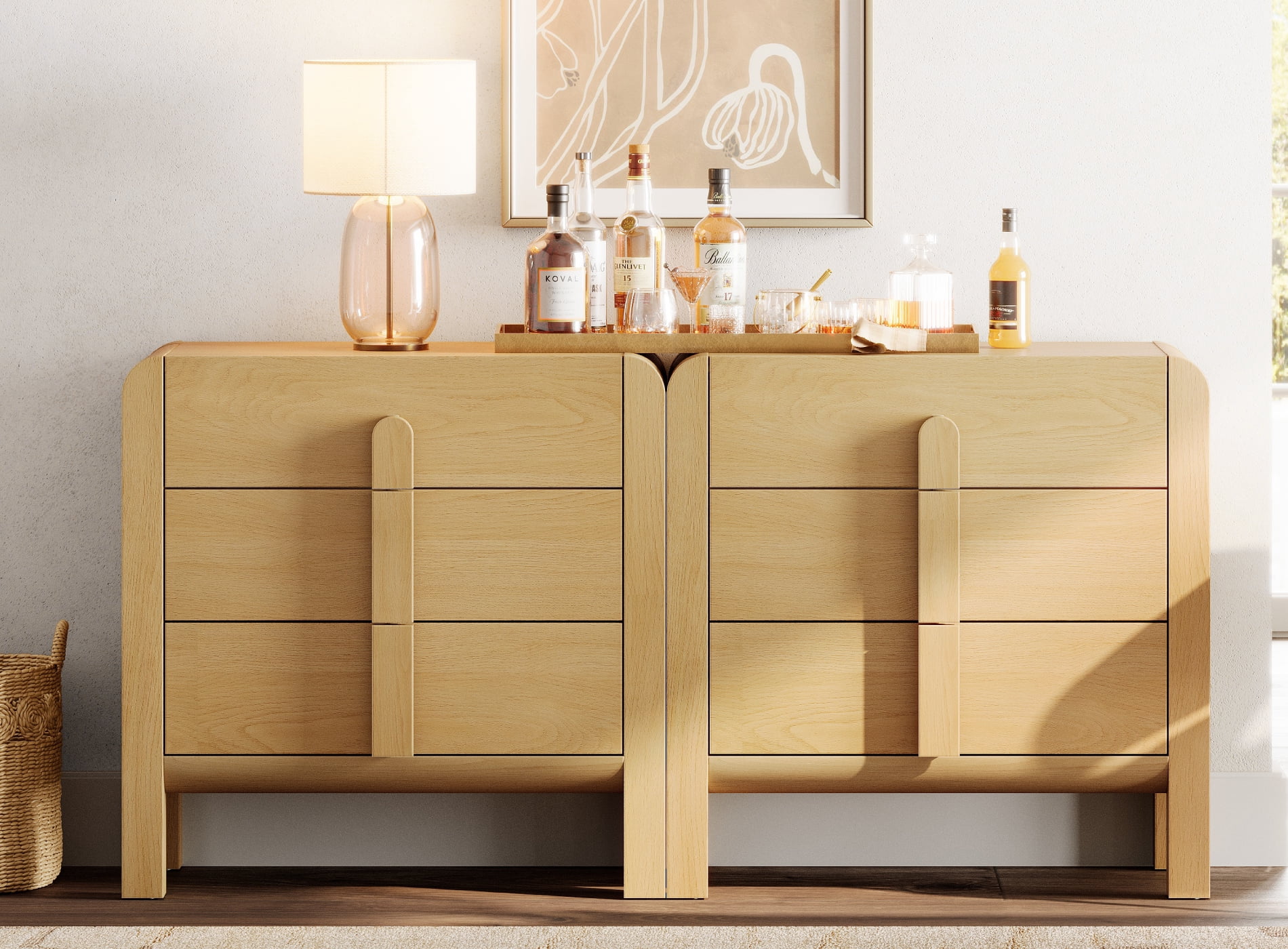 3 Drawer Curved Dresser for Bedroom Set of 2, Mid Century Modern Chest of Drawers, Wood Storage Dresser Organizer for Bedroom Living Room Hallway Closet