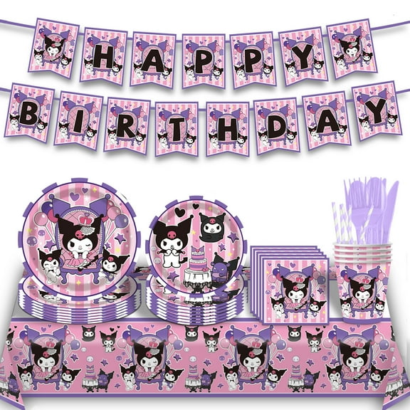 Kuromi Sanrio Party Tableware Set, Birthday Party Supplies, Table Cover,Paper Plates, Napkins, Cups, Knives, Spoons and Forks
