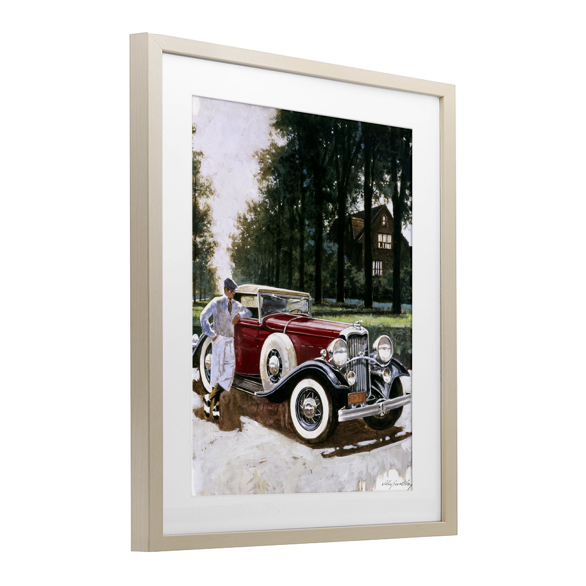 Retro Convertible Coupe & Driver Birch Framed Print Under Glass, design by Wind River Studios