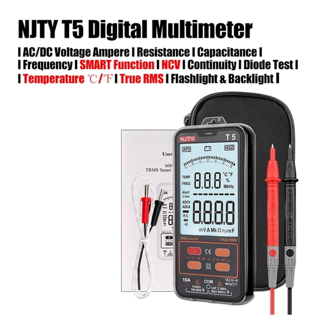 Multimètre Numérique Ultra-Mince Vrai RMS AC DC Voltmètre NCV Testeur de Diode à Capacité Hz 6000 Unités NJTY T5, Haute Efficacité