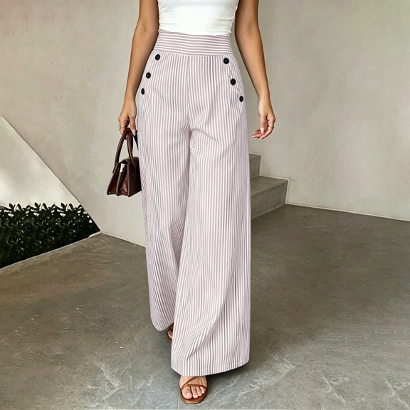 Women's Pants Black and White Casual High Waisted Double Breasted Striped Floor Length Wide Leg Trousers