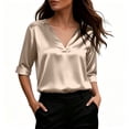thumbnail image 6 of Silky Satin V Neck Blouse for Women Roll Cuffed 3/4 Sleeve Loose Tunic Shirts Business Casual Tops Lightweight Summer Trendy Outfits Beige, 6 of 6