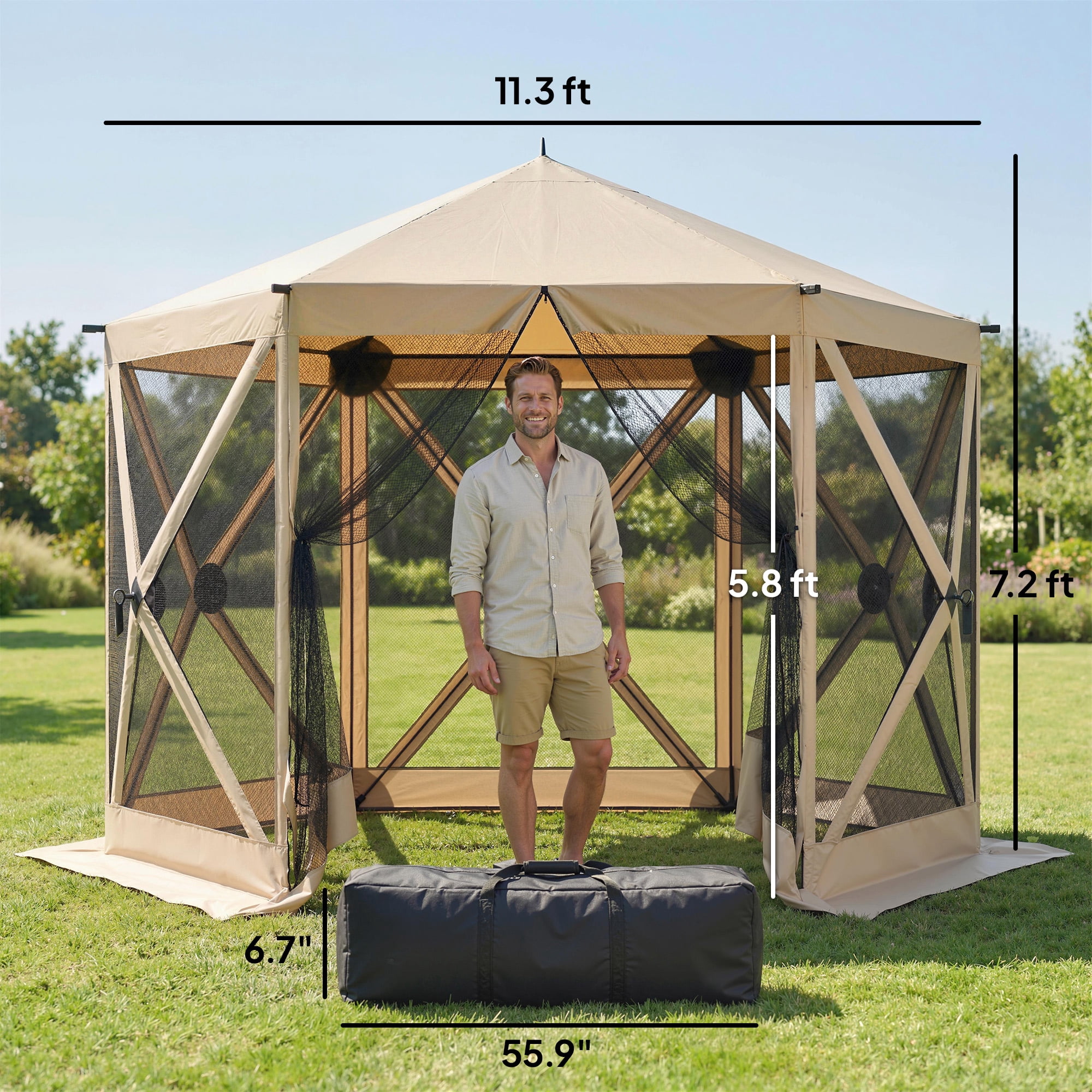 Outsunny 10 x 11 ft Pop Up Gazebo Screen Tent, Outdoor Portable Instant Camping Canopy Screen House Sun Shelter with Nettings, Carry Bag, Beige