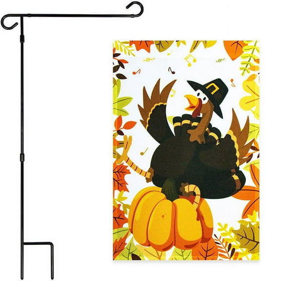G128 Combo Pack: Garden Flag Stand Black 36x16IN & Garden Flag Pilgrim Turkey with Pumpkin 12x18IN