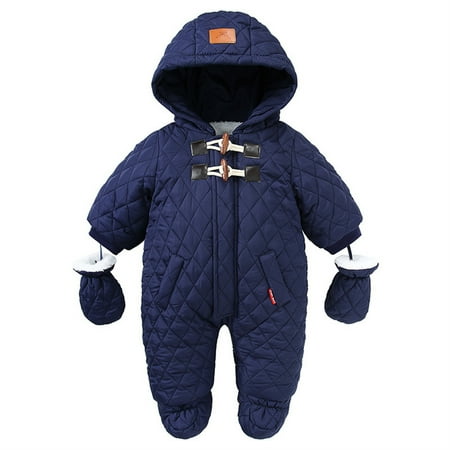 

Baby Snowsuit Winter Outfits 6-24 M Infant Toddler Boy Girl Winter Hooded Cotton Thicken Warm Jacket Romper Jumpsuit with Gloves Navy Blue 6-9 Months