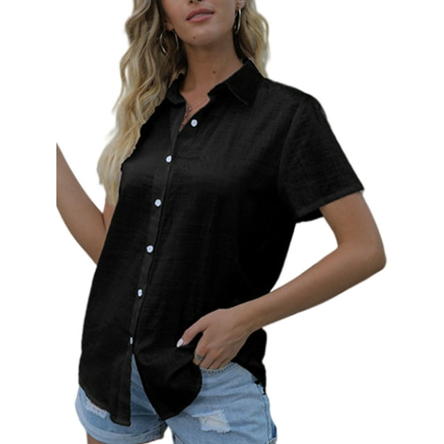 Bellella Hauts pour Femmes Blouse à Col à Revers Chemises Boutonnées T-Shirt Confortable à Manches Courtes Tunique de Plage Chemise Noir TG