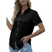 Casual Loose Shirt for Women Solid Color Buttons Down Tunic Top Short/Long Sleeve V-neck Collar Shirt