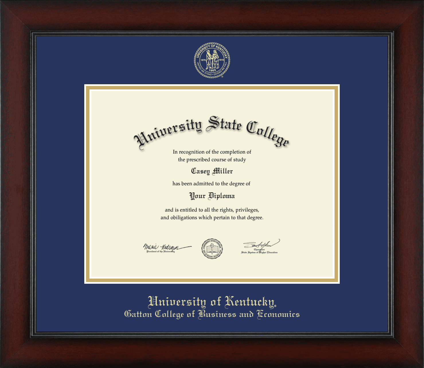 University of Kentucky Gatton College of Business and Economics Gold Embossed Diploma Frame