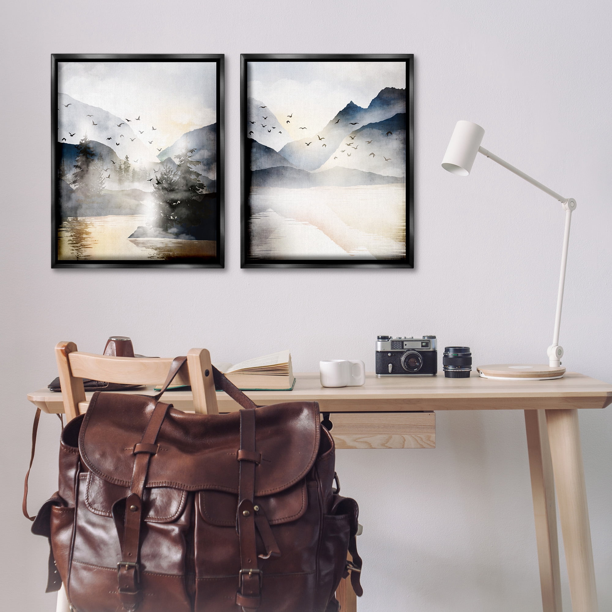 Stupell Industries Sunlit Birds Over Lake Landscape Landscape Painting Black Floater Framed Canvas Art Print Wall Art, 25 x 31, Set of 2