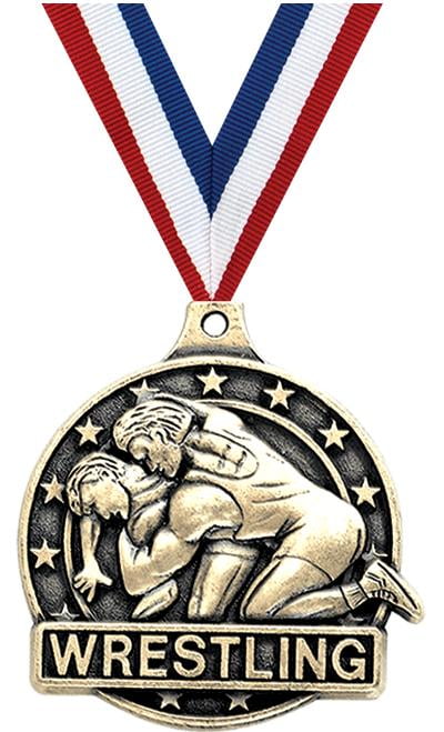 silver  WRESTLING 2" dia medal red neck drape trophy 