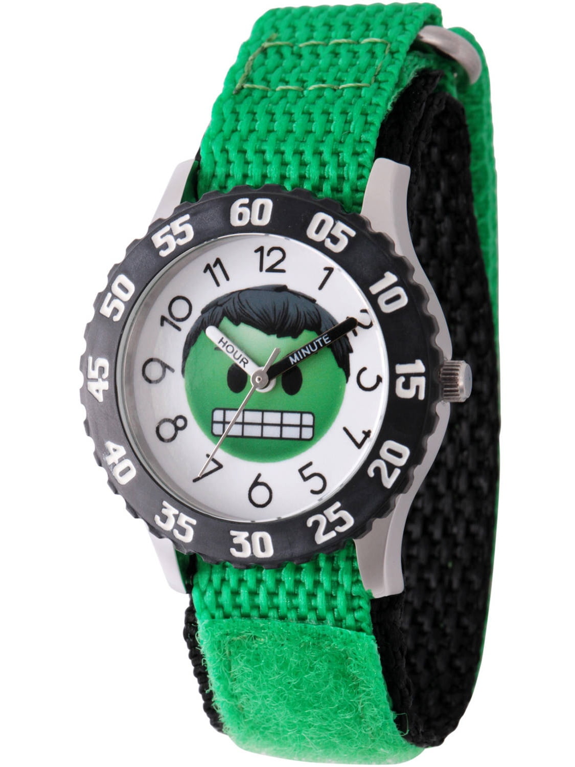 Emoji Kids' Hulk Stainless Steel Time Teacher Watch, Black Bezel, Green Hook and Loop Nylon Strap with Black Backing