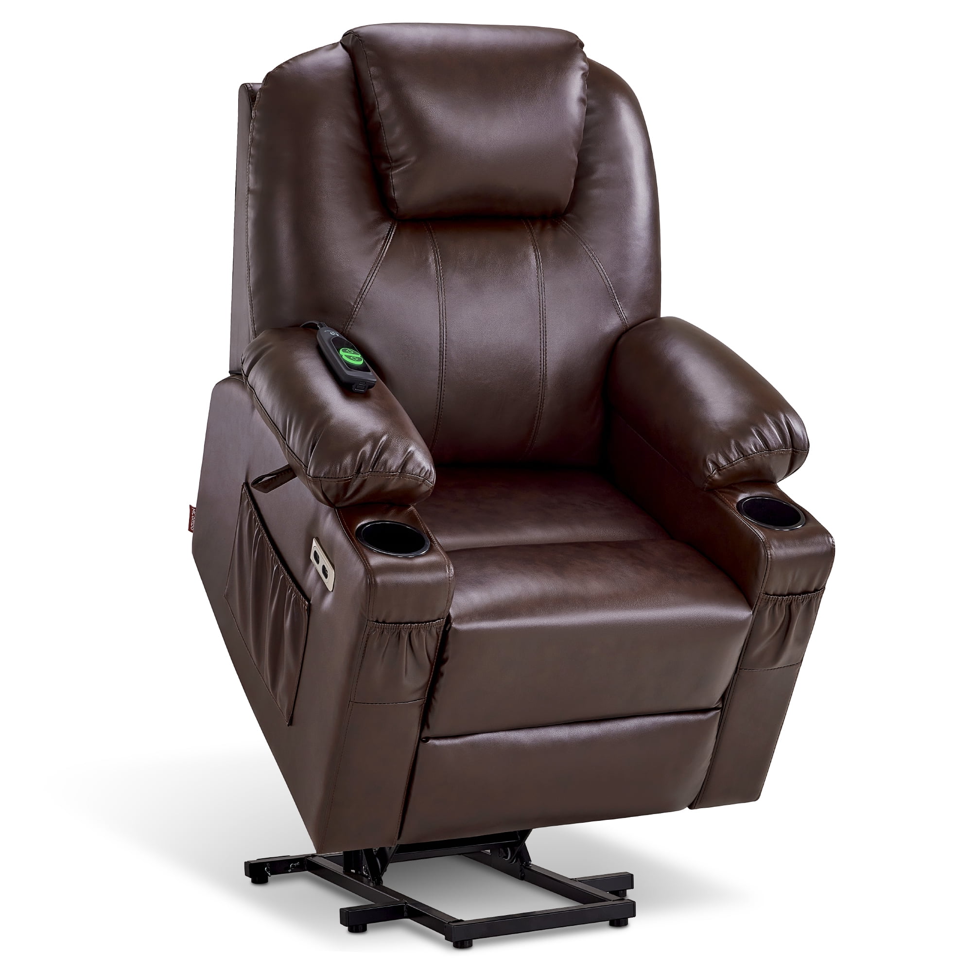 MCombo Electric Power Lift Recliner Chair Sofa with Massage and Heat for Elderly, 3 Positions, 2 Side Pockets, and Cup Holders, USB Ports, Faux Leather 7141 Dark Brown, Small