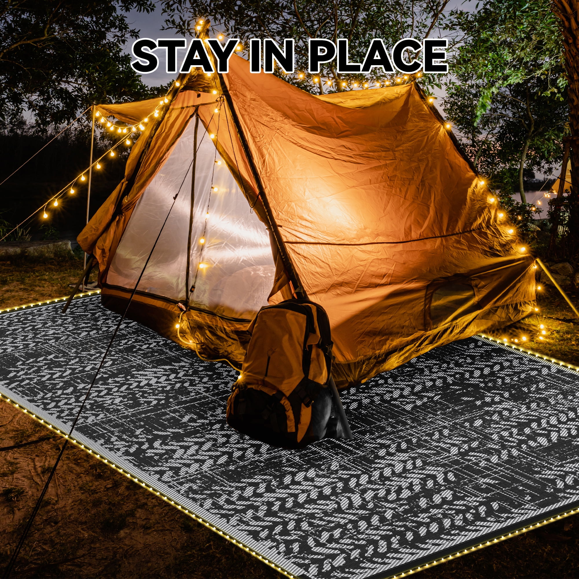 VUNATE Outdoor Rug 9'x12' with Led Light Strips Patio Rug Waterproof Woven Plastic Outdoor Mat for Picnic RV Porch Camping Reversible Outside Rug Black White