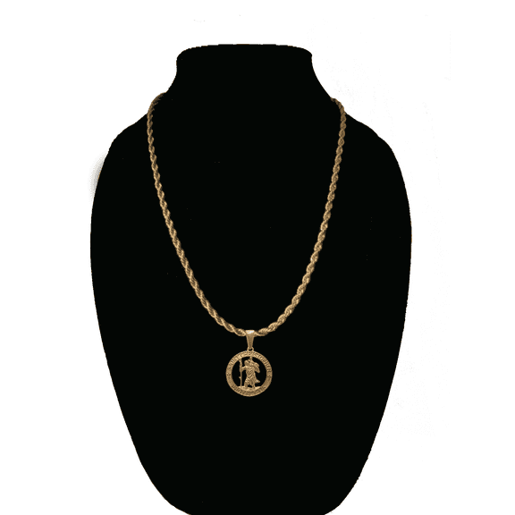 14k Bonded Gold Necklace with Saint Christopher Pendent, Best Christmas Unisex Gift for Women, Men Mother, Father, Girlfriend, Boyfriend, Her, Him, Rope Chain with Charm by Artisan Jeweler