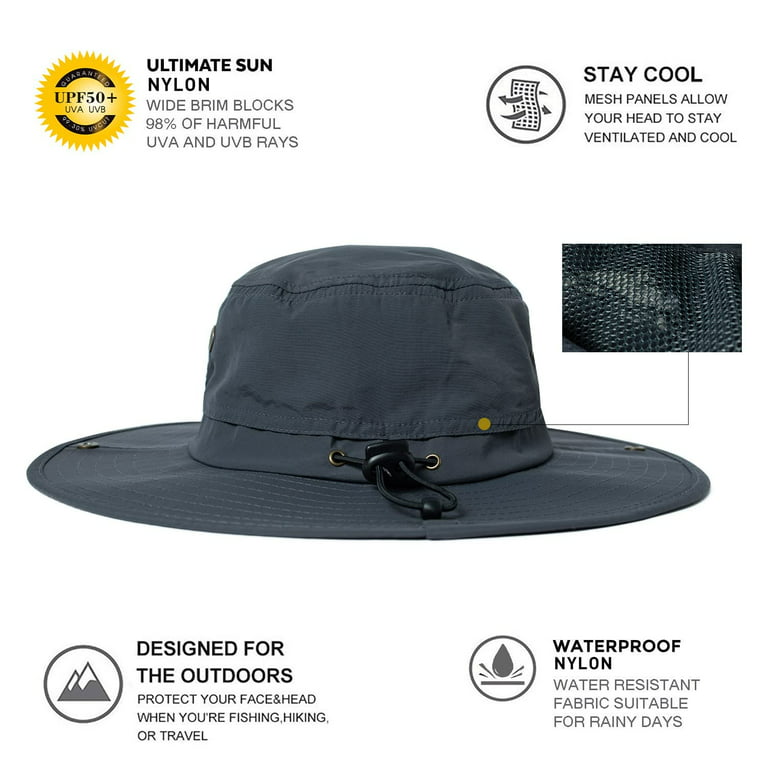 Comhats UPF 50 Sun Hats Wide Brim Summer Safari Hat Fishing Hiking Boonie Hats for Men Chin Strap Waterproof Dark Grey Large, Men's, Size: One size