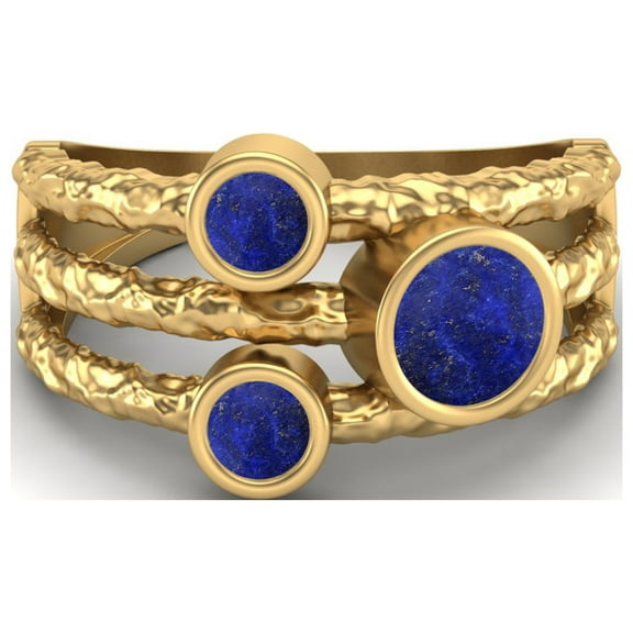 5mm Round Lapis Handmade Split Shank Band 925 Sterling Silver Gold Vermeil Trio Stone Women Valentines Day Gifts Ring