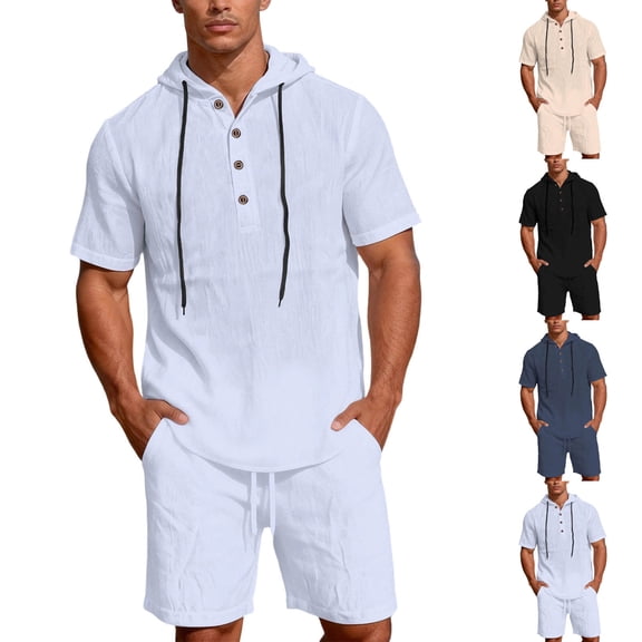 HBGVBA Men Summer 2 Piece Shorts Set Solid Color Short Sleeve Hooded Button Top Elastic Waist Linen Shorts Outfit