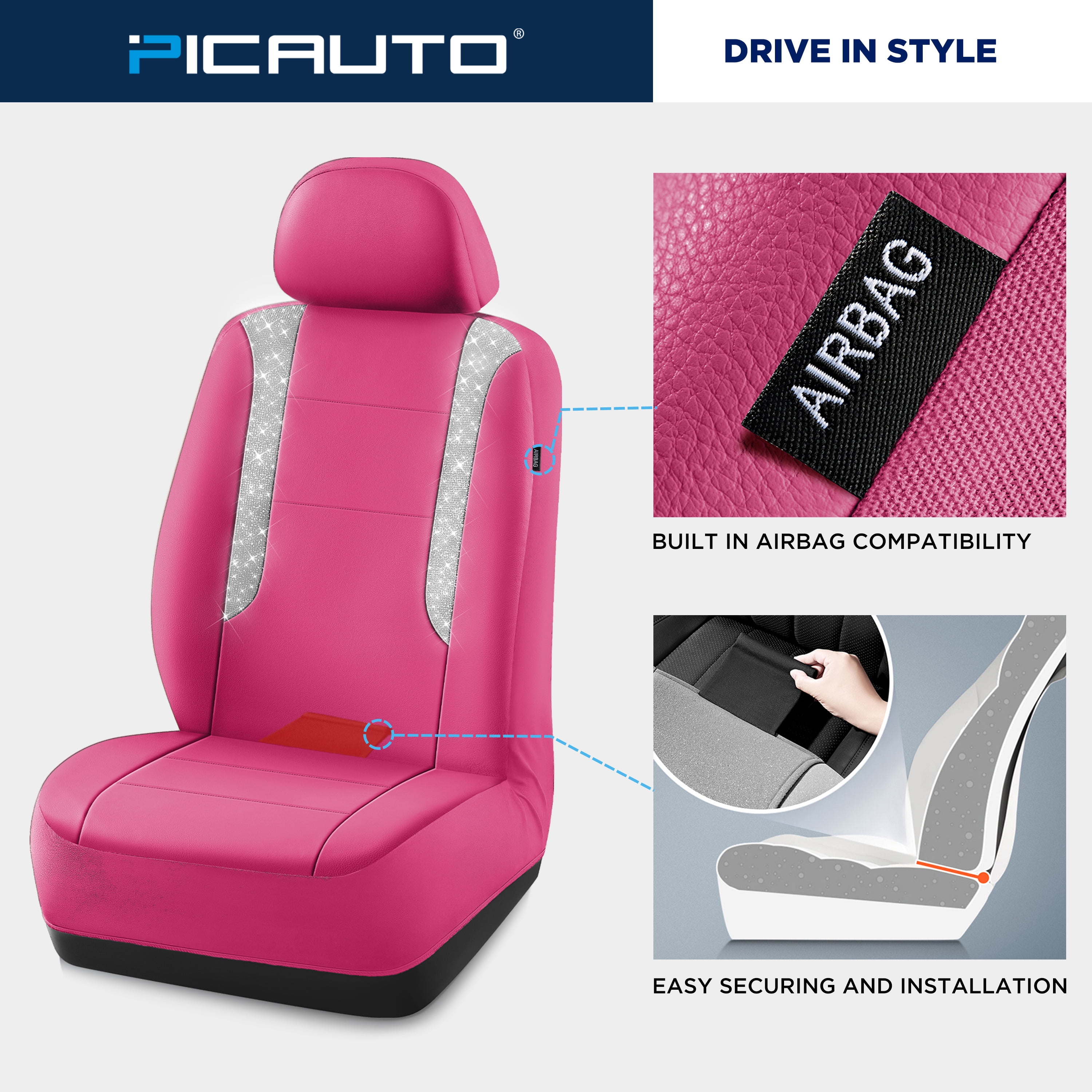 PIC AUTO Car Seat Cover - Sparkly Glitter and Hot Pink Leather, Waterproof Front Seat Covers for Girls & Women, Airbag Compatible, Universal Fit
