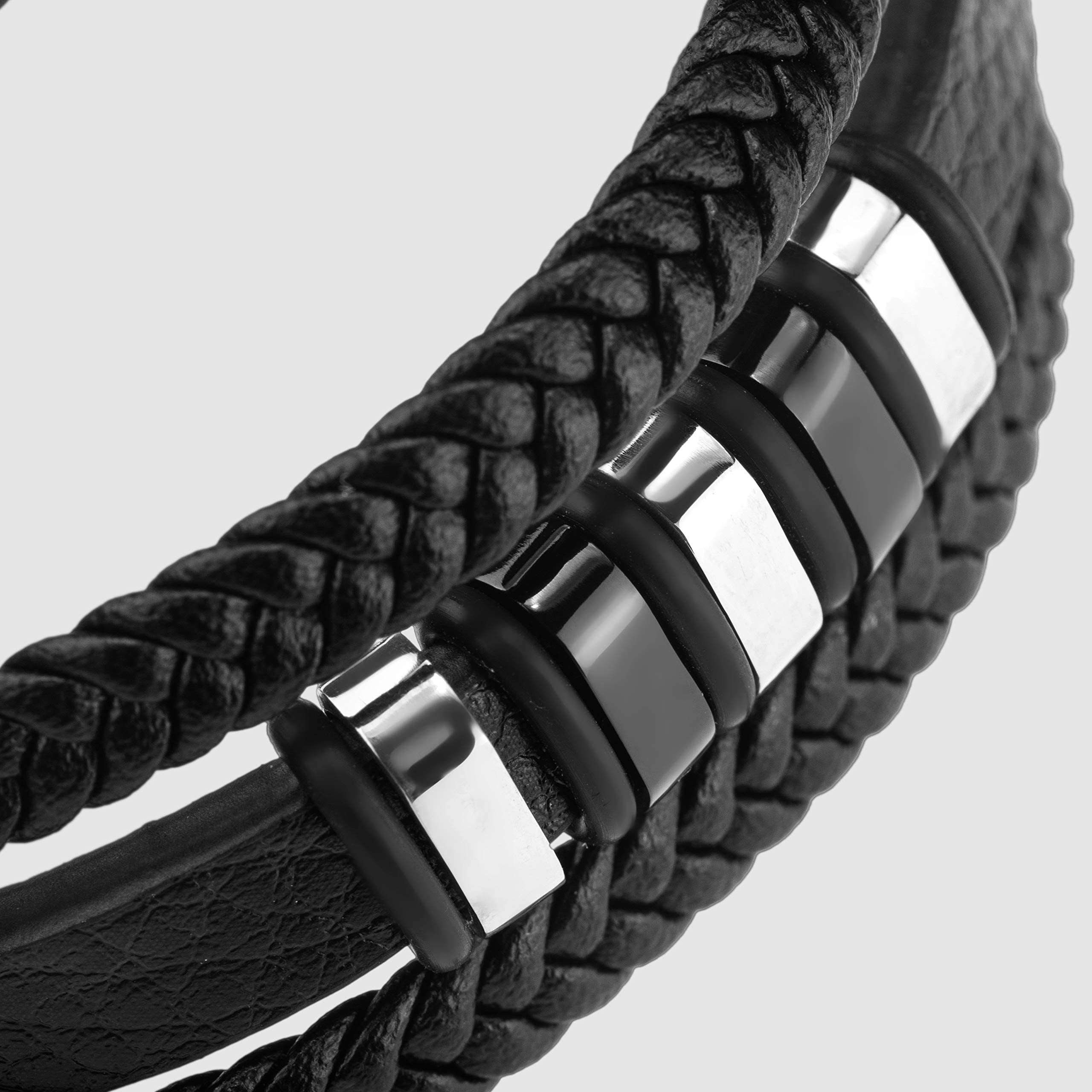 SERASAR Man's Leather Bracelet "Glory" with stainless steel magnetic closure, Silver 20cm, including gift box