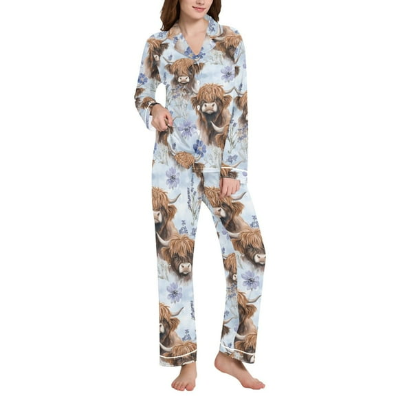 joogoo Pajamas Set for Women Highland Cattle Flower-w6 Long Sleeve Pjs Loungewear L