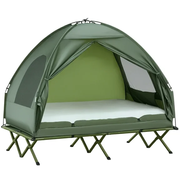 2-Person Tent Cot, 4-in-1 Elevated Camping Bed Combo with Air Mattress and Foot Pump