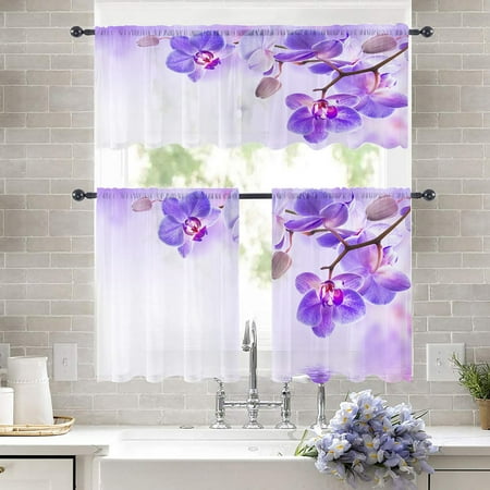 

Goory 2-Piece Slot Top Rod Pocket Floral Printed Tulle Short Window Curtain Sheer Half Window Drape Voile Cafe Tier Kitchen Scarf Bathroom Valance--26 Width Style-2 W:53 x L:18