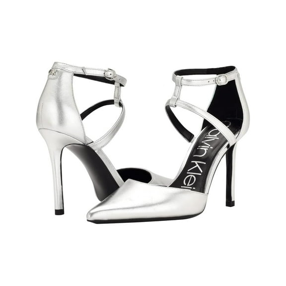 CALVIN KLEIN Womens Silver Strappy Goring Metallic Ankle Strap Padded Dentel Pointed Toe Stiletto Buckle Leather Dress Pumps Shoes 9 M