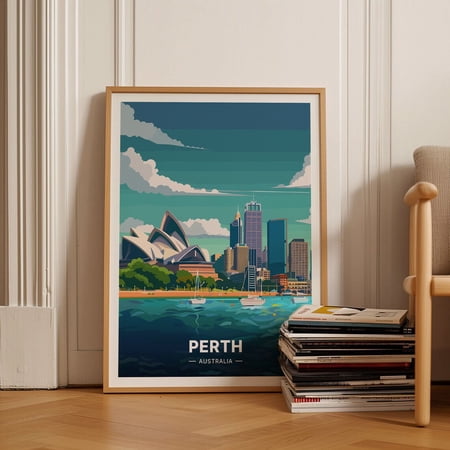 Perth Australia Skyline Cityscape Illustration Wall Art, Unframed Paper Poster 16x20in