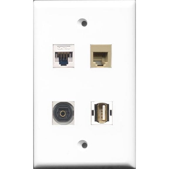 RiteAV 1 Port USB A-A and 1 Port Phone RJ11 RJ12 Beige and 1 Port Toslink and 1 Port Cat5e Ethernet White Wall Plate