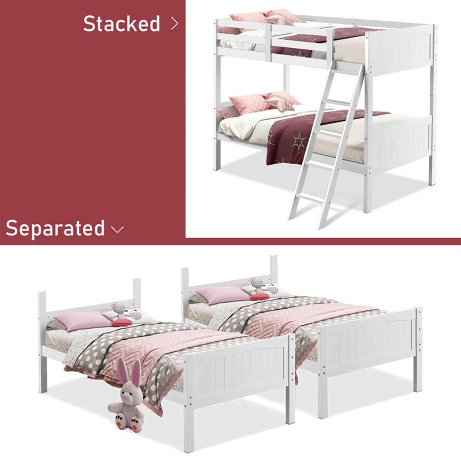 Demi Bonn Solid Wood Twin Over Twin Bunk Bed with Ladder, Twin Bunk Beds, Converts to 2 Individual Twin Beds, White