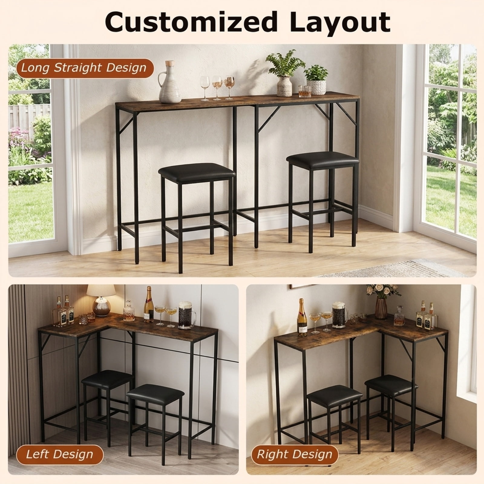Furnibear 3-Piece Convertible L-Shaped Kitchen Table Chair Set with 2 AC Outlets USB Port and Type-C Port for Kitchen Dining Room, Rustic Brown