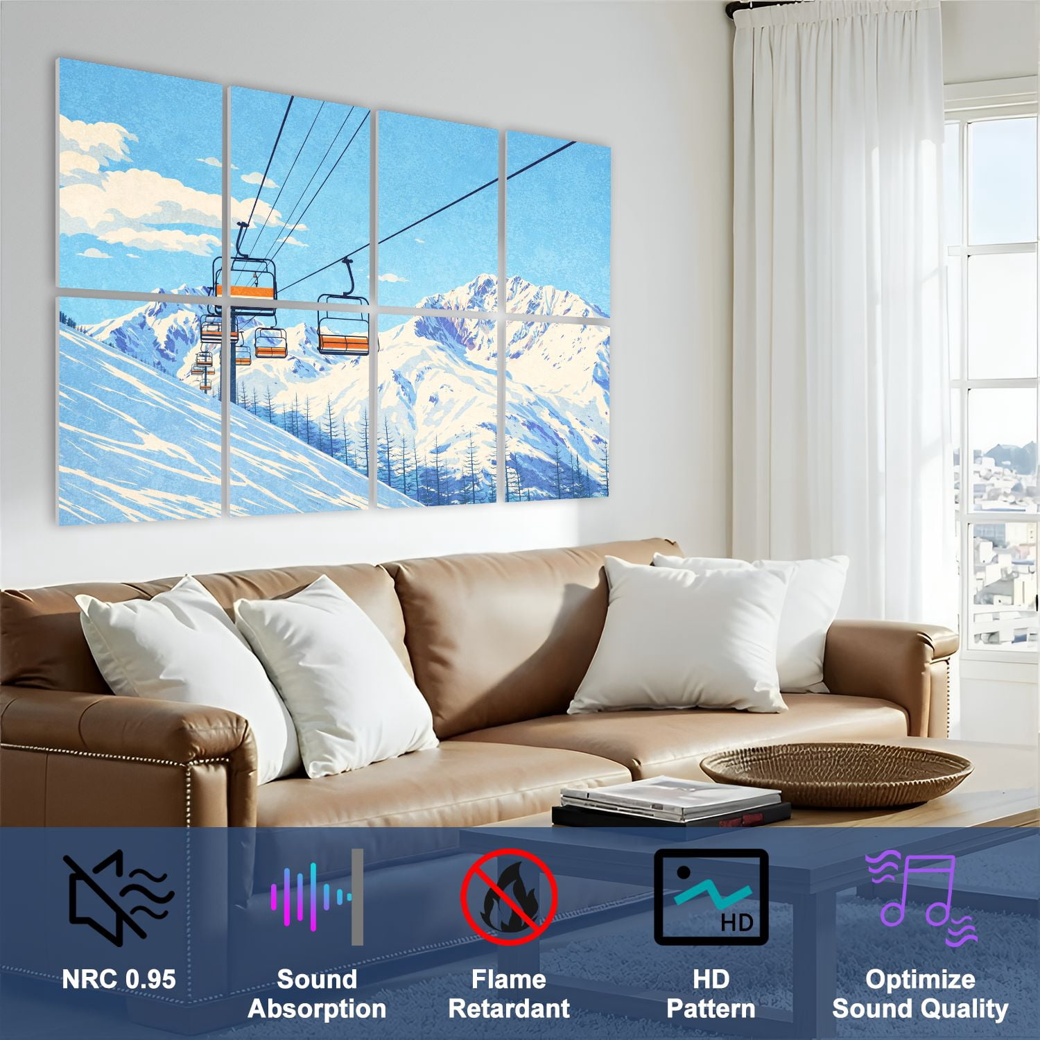 8 Pack Art Acoustic Panels Sound Absorbing Chair lift ski resort snowy mountains nice sunny day Decorative Soundproof Wall Panels Self Adhesive for Nursery Game Room Bedroom 48"x32"