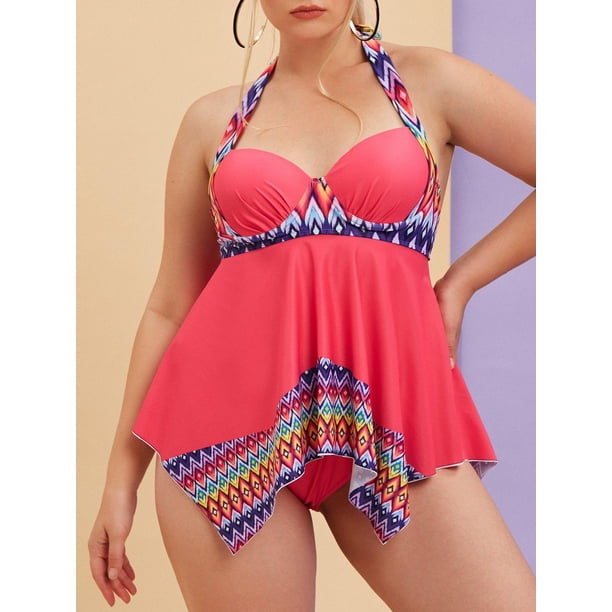 Talla grande Halter Geo Imprimir Push Up Tankini Swimwear Rosegal Vestidos casuales de talla grande