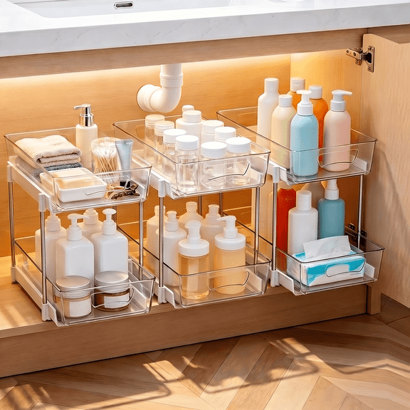 3 Pack Bathroom Organizer, 2 Tier Under Sink Organizers Vanity Countertop Storage Container, Kitchen Cabinet Drawers Bins, Pull-Out Organization for Pantry, Spice, White & Clear