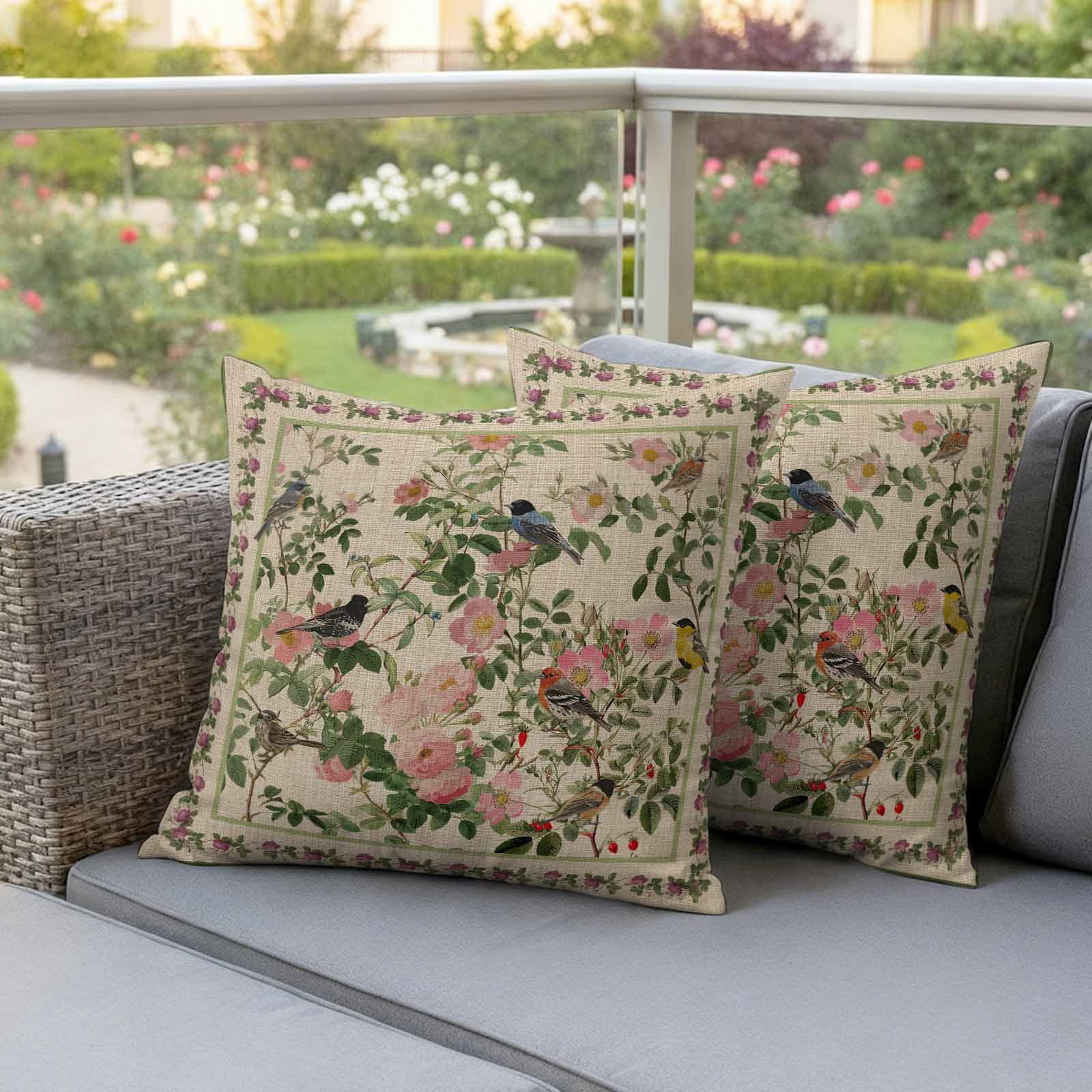 Spring Pillow Covers 2 Pack Oriental Traditional Ethnic Floral Birds Retro Linen Pillowcase Waterproof Outdoor Throw Pillow Cover for Patio Garden Square Cushion 26”x26”