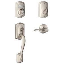 Schlage Camelot Trim Satin Nickel Electronic Keyless Deadbolt and Exterior Door Handleset with Accent Door Lever Rated AAA Security