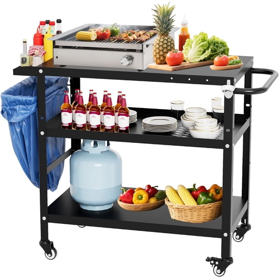 Outdoor Grill Cart with Lockable Wheels, 31.5x17.7 Inch BBQ Prep Table and Pizza Oven Stand for Patio Kitchen