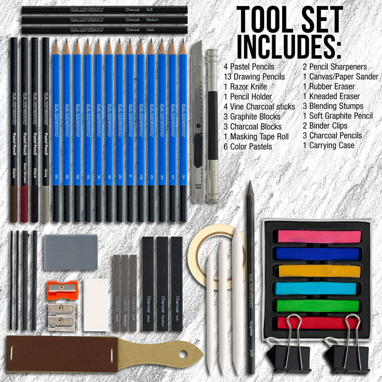 50-Piece Drawing & Sketching Art Set - Ultimate Complete Artist Kit,  Graphite and Charcoal Pencils & Sticks, Pastels, Erasers
