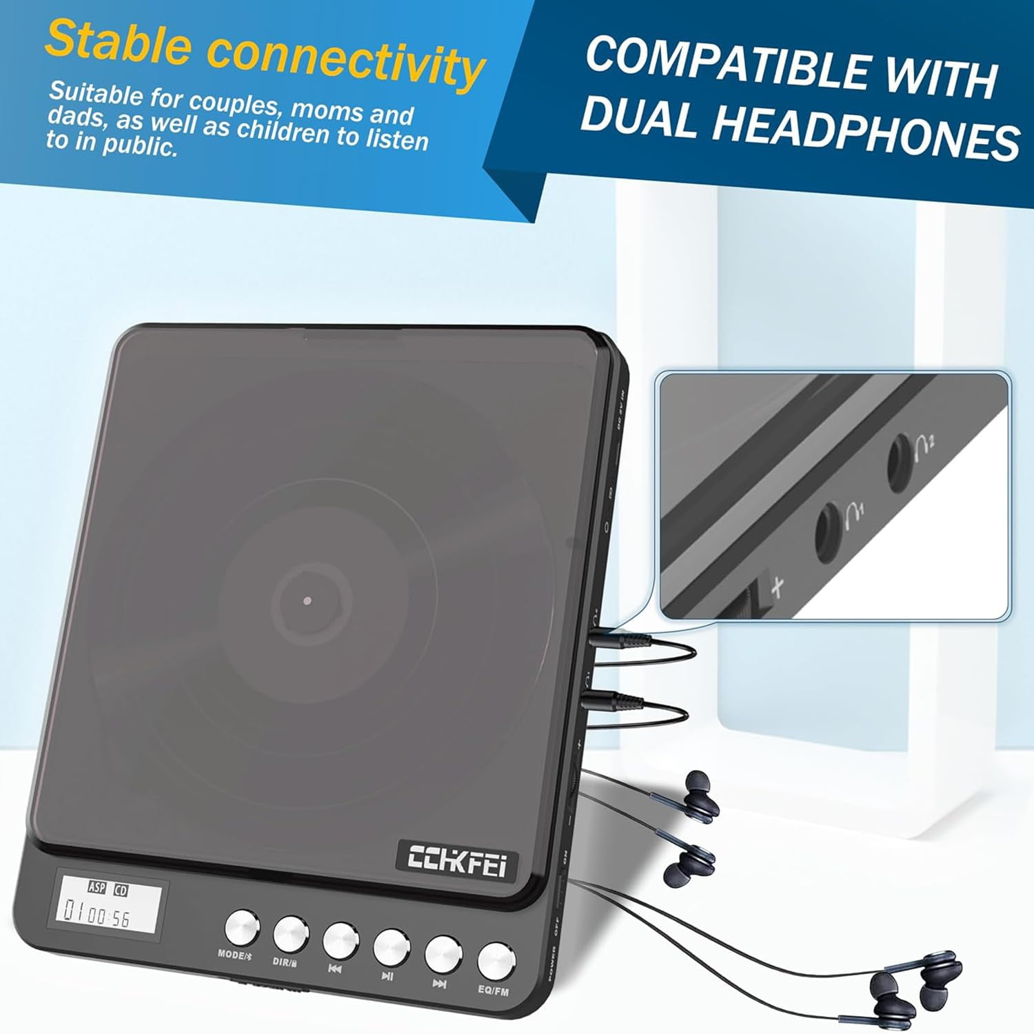 CCHKFEI Bluetooth Portable CD Player with Speakers 2000mAh Rechargeable CD Player Portable Bluetooth with Dual Headphones Jack