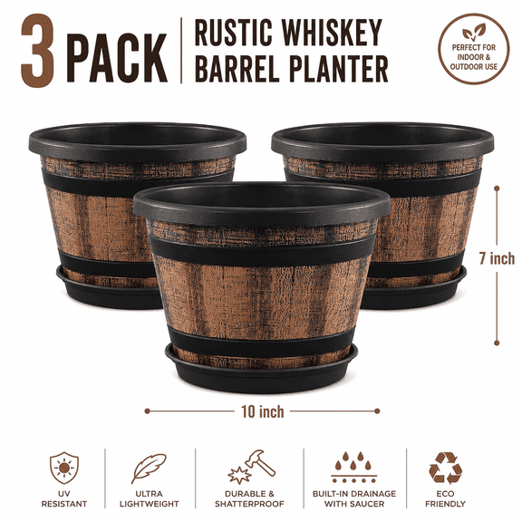3 Pack 10 inch Whiskey Barrel Plant Pots with Drainage Holes & Saucer, Plastic Imitation Wine Barrel Design, for Indoor & Outdoor Garden, Home, Patio (Brown)