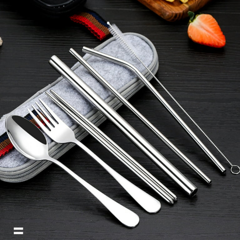 8pcs Portable Utensils, Travel Camping Cutlery Set, Knife Fork Spoon  Chopsticks Cleaning Brush Straws Portable Case, Stainless Steel Flatware  Set