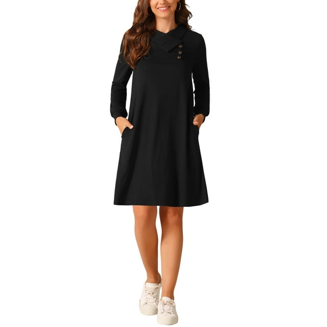 Vestido de túnica de manga larga casual de oto?o para mujer INSPIRE CHIC, con botones, cuello de solapa, pullover, fluido y con bolsillos, negro S